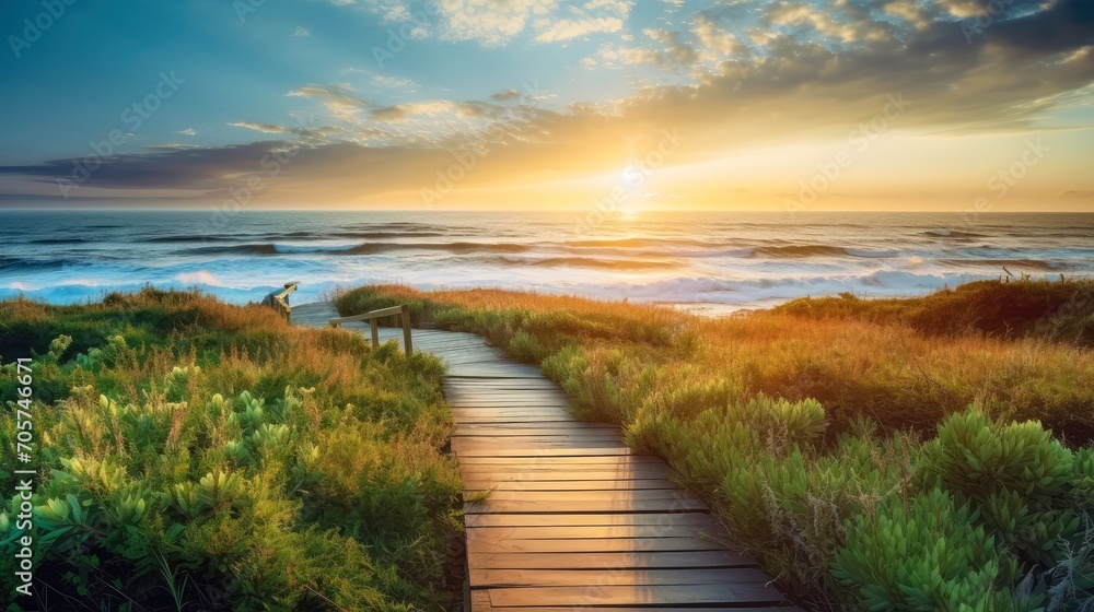 Wall mural empty wooden walkway on the ocean coast in the sunset time, pathway to beach - Wall murals
