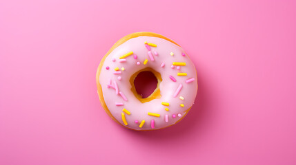  Top view of a pink donut on a colorful background. A playful and eye-catching image for promoting sweet treats