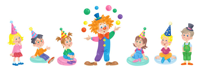Happy children in festive caps watch the performance of a funny clown. In cartoon style. Isolated on white background. Vector flat illustration.