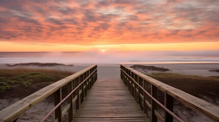 Obraz premium Empty wooden walkway on the ocean coast in the sunset time, pathway to beach