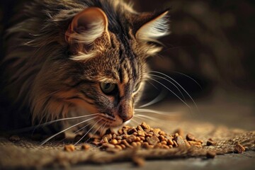 Cat eating food. Animal background  - obrazy, fototapety, plakaty