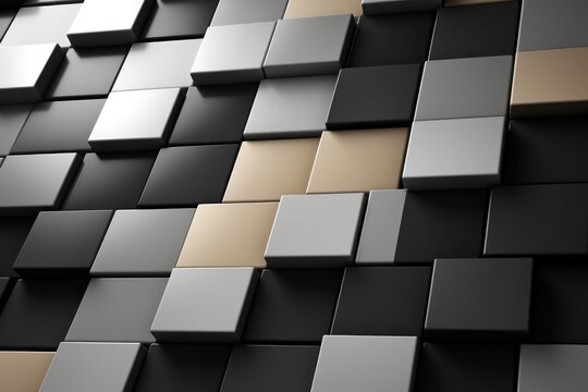  a group of cubes that are in the shape of an abstract pattern of squares and rectangles in various shades of gray, beige, brown and black.