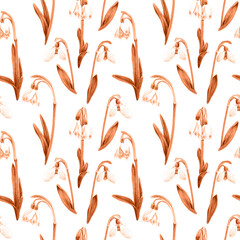Seamless pattern of watercolor peach snowdrops flowers. Hand drawn illustration. Botanical hand painted floral elements on white background. Spring flower drawing. For interior print decoration fabric