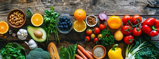 Deurstickers Balanced diet - healthy food on a wooden background. © Anna
