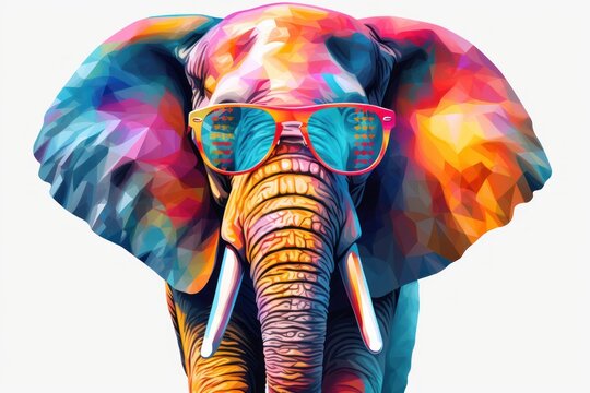  an elephant with sunglasses on it's head and its trunk is painted in multi - colored geometric shapes and has its trunk up to the side of the elephant's head with its trunk.