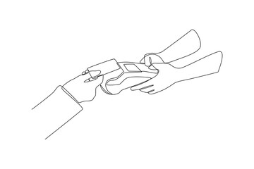 Continuous one line drawing Customers paying at checkout and cashier counters concept. Doodle vector illustration.