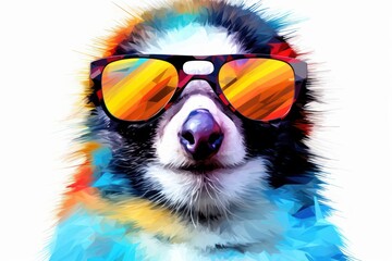  a black and white dog with sunglasses on it's face is looking at the camera while wearing a pair of red and yellow sunglasses on it's face.
