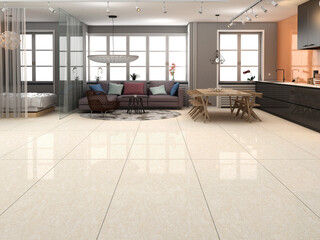 Bright living room interior design with modern furniture and summer landscape in window. 3D illustration. 3D Rendering