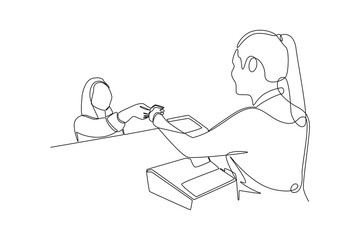 Continuous one line drawing Customers paying at checkout and cashier counters concept. Doodle vector illustration.