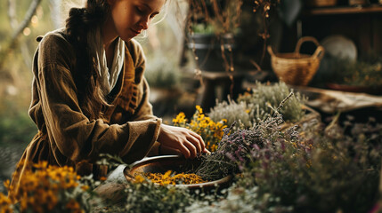 A woman collects medicinal herbs. nature - obrazy, fototapety, plakaty