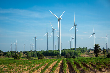 Landscape with wind turbines farm.