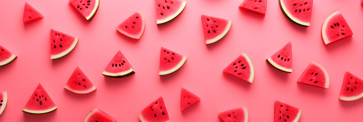 Top-down view of a watermelon pattern on a pink backdrop. Embrace the creative summer vibes with this refreshing concept.