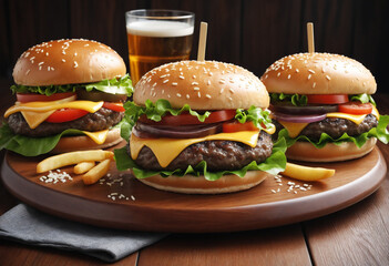 3D Wallpaper of Delicious Beef Burgers on a Wooden Plate