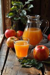 Apple juice in a glass surrounded by red apples and green leaves on a wooden background.