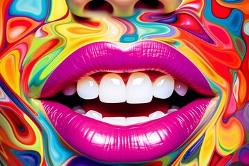 lips with a smile. Multicolored lips. Rainbow colorful liquid paint flowing beautiful woman sexy lips, close up shot. Macro photography. Fashion stage artistic make up, cosmetics. Vibrant colors.  - obrazy, fototapety, plakaty