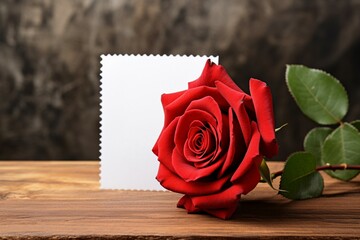Rustic charm Red rose on old wooden table, white paper