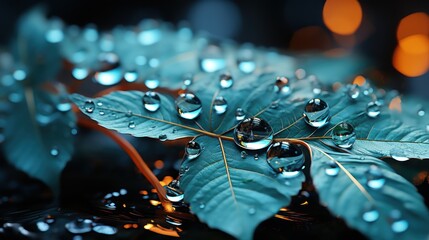  a close up of a green leaf with drops of water on it and a boke of lights in the backgroup of the image in the background. - obrazy, fototapety, plakaty