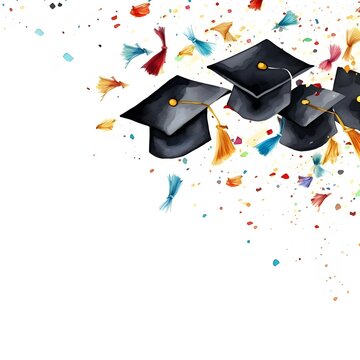 create a hand drawn watercolor clipart of graduation caps, diplomas flying and confetti, white background, 4k
