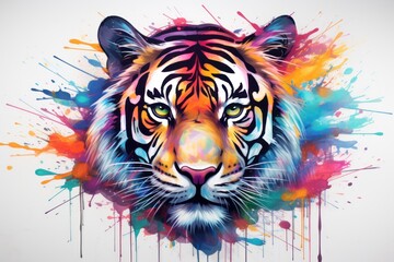  a painting of a tiger's face with multicolored paint splatters on it's face and behind it's head is a tiger's head.
