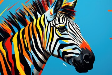 Fototapeta na wymiar a close up of a zebra's head with multicolored stripes on it's body and a blue background with orange, white, yellow, red, black, and orange, and black stripes.