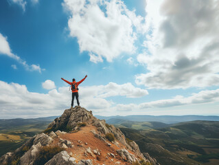 A Photo of a Solo Hiker Reaching the Summit of a Local Hill With a Triumphant Pose and a Panoramic View