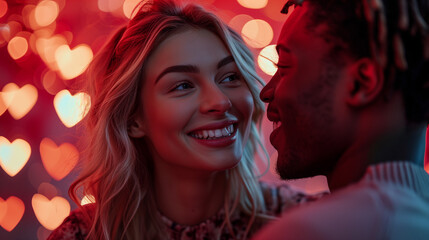 Young interracial couple in love flirting, laughing, and enjoying each other with heart-shaped bokeh lights around. Concept of Valentine's Day and falling in love