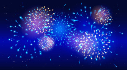 Pyrotechnics and fireworks banner with holiday celebration symbols realistic vector illustration