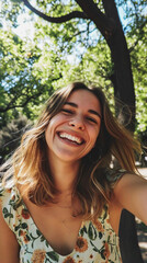 Happy Woman Captures a Selfie in Front of a Tree at the Park, Freezing the Blissful Essence of the Outdoors in a Single Snapshot