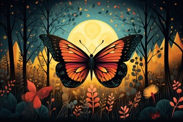  a painting of a butterfly in the middle of a forest with a full moon in the background and flowers in the foreground, and a full moon in the background.