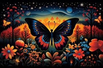  a painting of a butterfly in a field of flowers and trees with a full moon in the sky in the background and stars in the sky in the foreground.