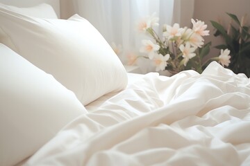 a close up of a bed with a white comforter and a vase of flowers in the corner of the bed with a white comforter and pillows on it.