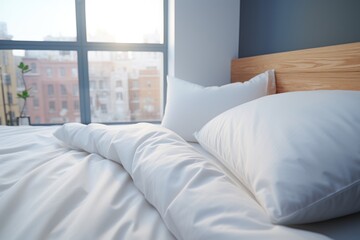  a bed with a white comforter and pillows in front of a large window with a view of the city outside of the window and a bed with white sheets and pillows.