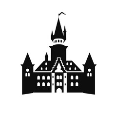 Obraz premium Building simple flat black and white icon logo, reminiscent of Neuschwanstein Castle, Historic Travel Design Vector B&W.