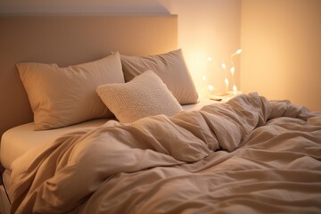  a bed with a white comforter and two pillows and a night stand with a light on the side of the bed and a lamp on the side of the bed.