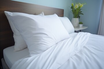 a bed with white sheets and pillows with a vase of flowers on the side of the bed and a blue wall behind the headboard with a wooden headboard.