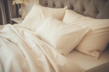  a bed with white sheets and pillows and a nightstand with a vase with flowers on it and a gray headboard with a gray headboard with a gray headboard.