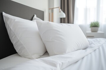  two white pillows sitting on top of a bed next to a night stand with a potted plant on the side of the bed and a lamp on the other side of the bed.