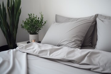  a bed with white sheets and pillows and a potted plant on the side of the bed with white sheets and pillows on the side of the bed and a white wall.