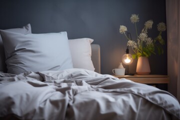  a bed with a white comforter next to a night stand with a vase with flowers on it and a lamp on the side table with a candle on it.