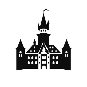 recommend clip art: Building simple flat black and white icon logo, reminiscent of Neuschwanstein Castle, Historic Travel Design Vector B&W.