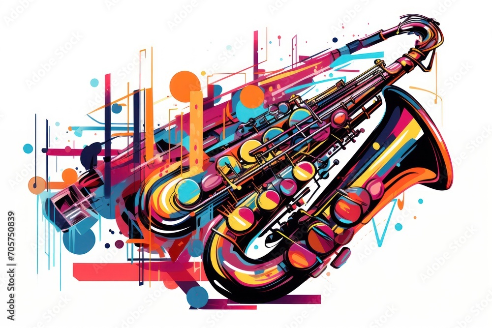 Poster a colorful illustration of a saxophone on a white background with a splash of color on the bottom ha