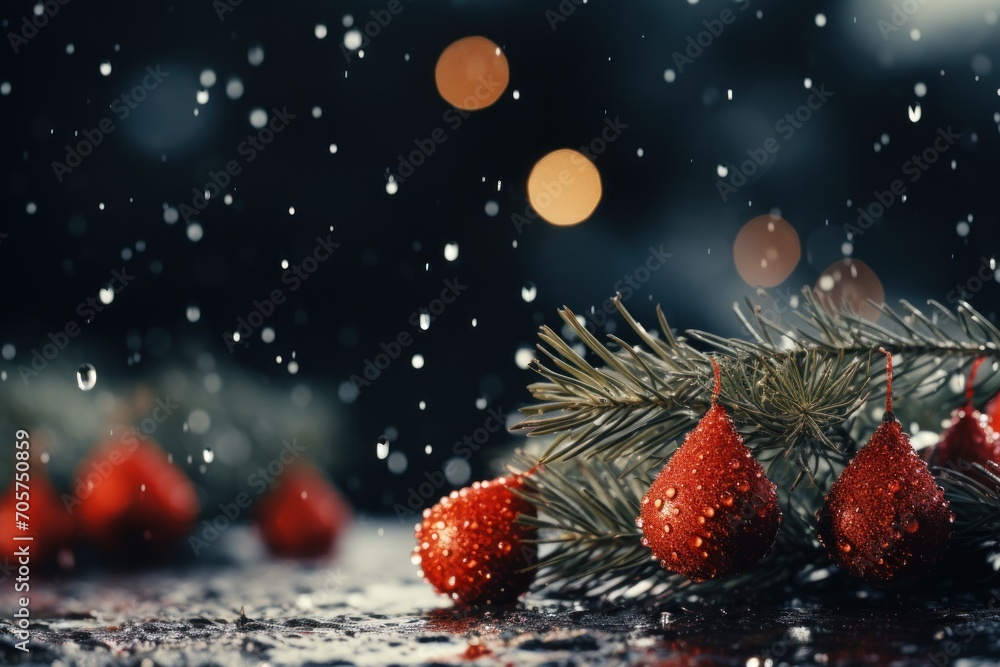Poster a bunch of red berries sitting on top of a table next to a pine branch with drops of water on it and