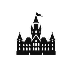 Obraz premium Building simple flat black and white icon logo, reminiscent of Neuschwanstein Castle, Travel Tourism Logo Icon B&W.