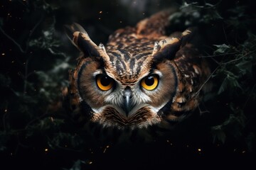  a close up of an owl's face with yellow eyes and a tree branch in the foreground and a dark background with leaves and stars in the foreground.