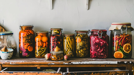 Fall seasonal pickled or fermented vegetables in cans lined up above vintage kitchen. - obrazy, fototapety, plakaty