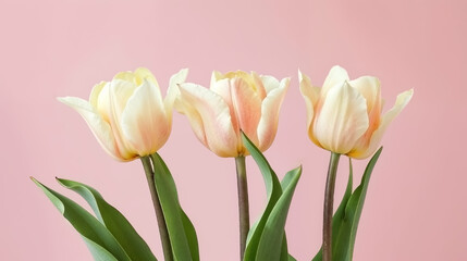 Trio of Soft Peach and Cream Tulips Against a Gentle Pink Backdrop