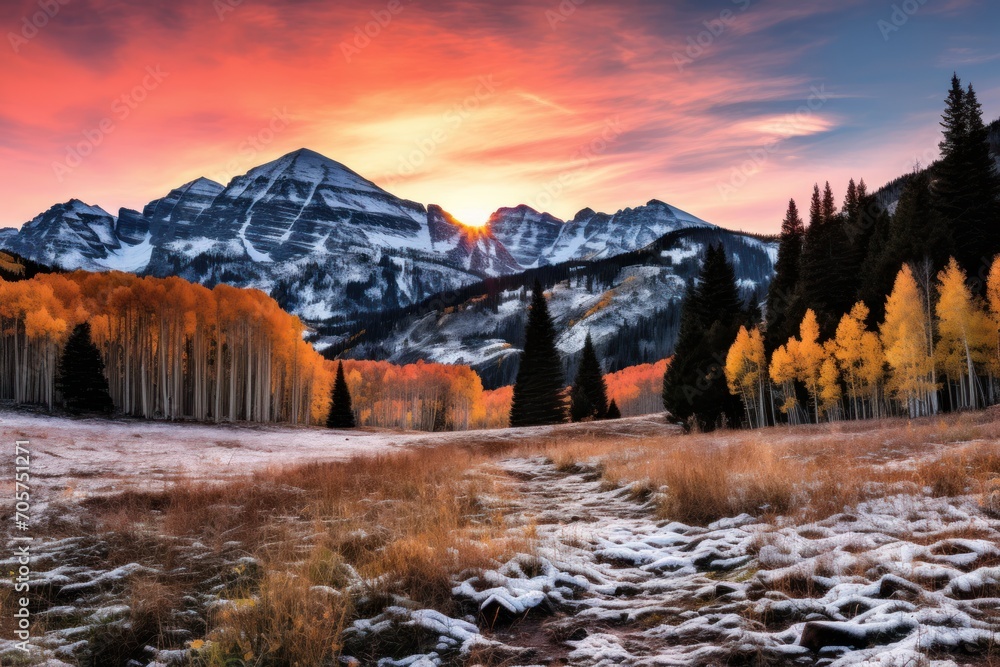 Poster a snow covered field with trees and a mountain in the background with snow on the ground and grass i
