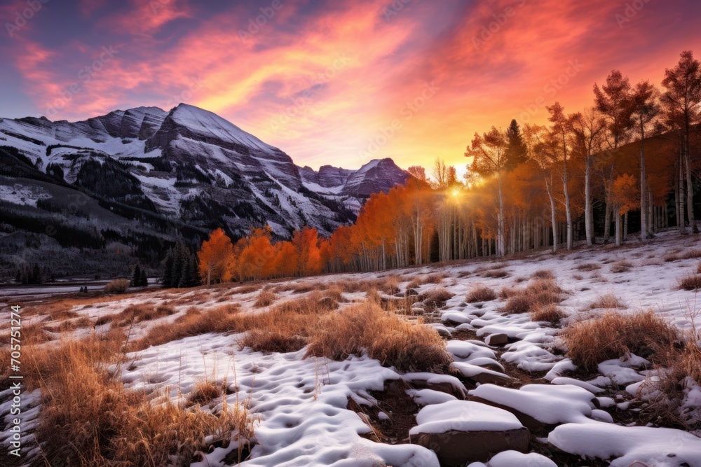 Poster a snow covered field with a mountain in the background and trees in the foreground with orange and y