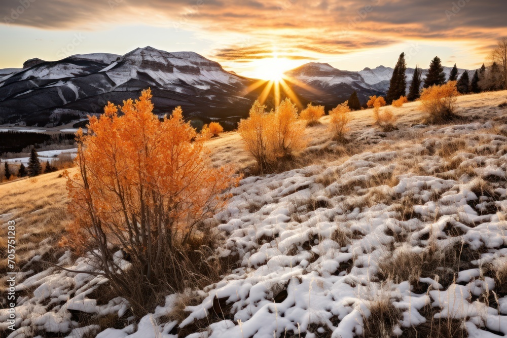 Aufkleber a field covered in snow next to a forest with a sun setting in the sky above the mountains in the di