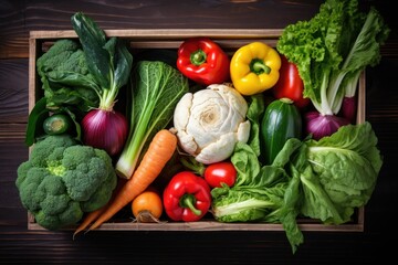  harvest of fresh vegetables neatly arranged in boxes at a vibrant market, emphasizing the variety and color